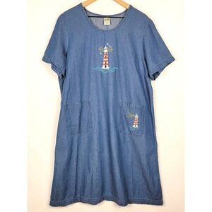 VTG Blair Denim Shift Dress Women's XLG Lighthouse Embroidered Nautical Coastal